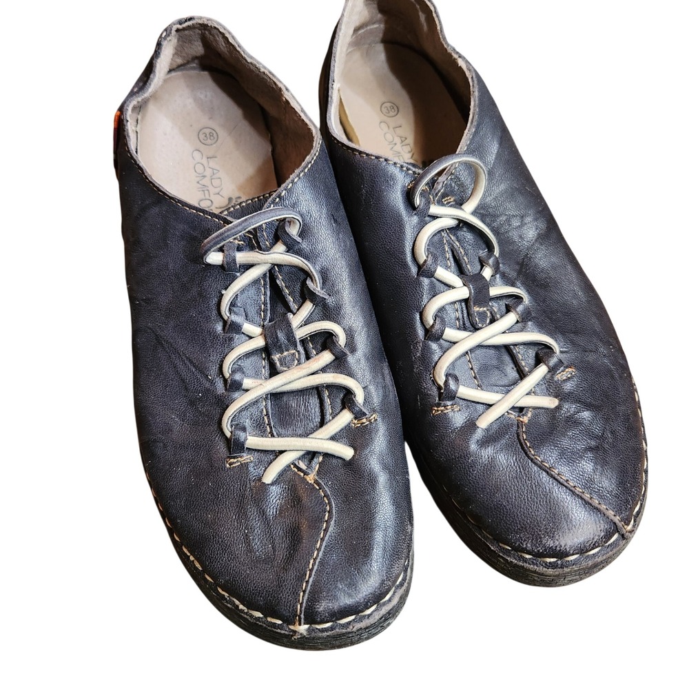 Lady Comfort‎ Layla Dark Brown Leather Oxford Shoes Bungee Lace Womens 38